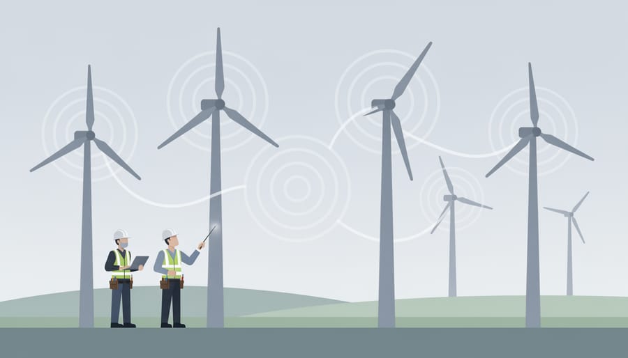 Silhouette of a wind turbine technician in the foreground with wind turbines turning at sunrise in the background
