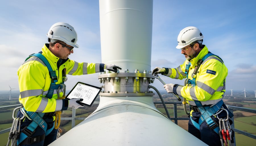 Close-up of a wind turbine blade root being inspected by a technician wearing gloves
