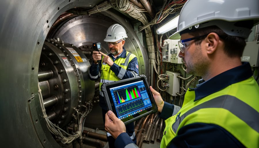 Technician inside a wind turbine nacelle connecting diagnostic equipment while viewing unreadable display