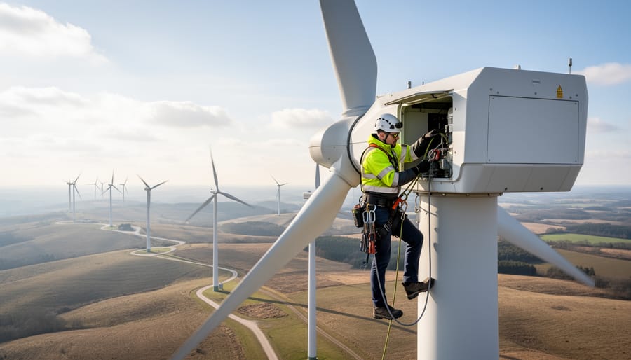 Wind turbine technician wearing safety harness and high-visibility clothing working on an electrical cabinet near a turbine platform