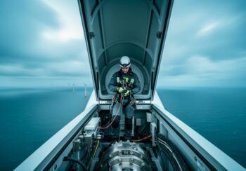 Wind turbine technician in safety harness working inside the nacelle atop a tall wind turbine, with wind farm turbines and a cloudy sky in the background.
