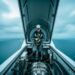 Wind turbine technician in safety harness working inside the nacelle atop a tall wind turbine, with wind farm turbines and a cloudy sky in the background.