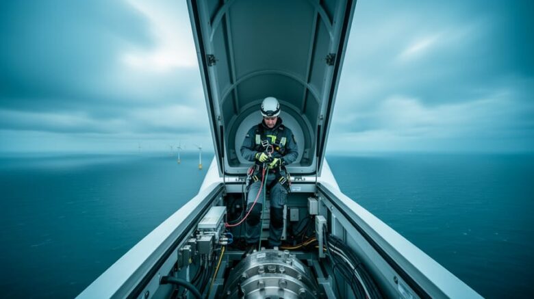 Wind turbine technician in safety harness working inside the nacelle atop a tall wind turbine, with wind farm turbines and a cloudy sky in the background.