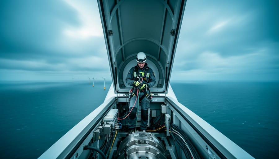 Wind turbine technician in safety harness working inside the nacelle atop a tall wind turbine, with wind farm turbines and a cloudy sky in the background.
