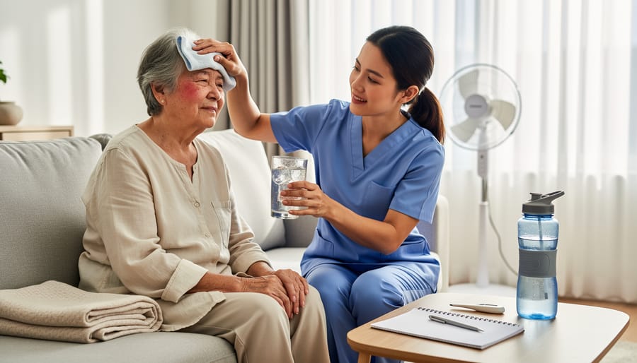 A caregiver checks a reusable water bottle beside an older person resting in shade with a portable fan nearby