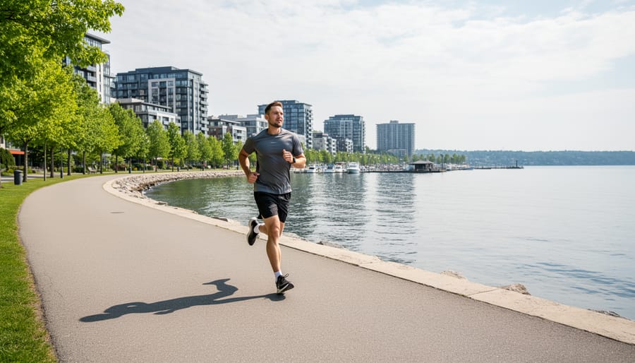 A person jogging along a waterfront trail in Barrie in soft daylight, illustrating everyday outdoor exercise during changing air conditions.