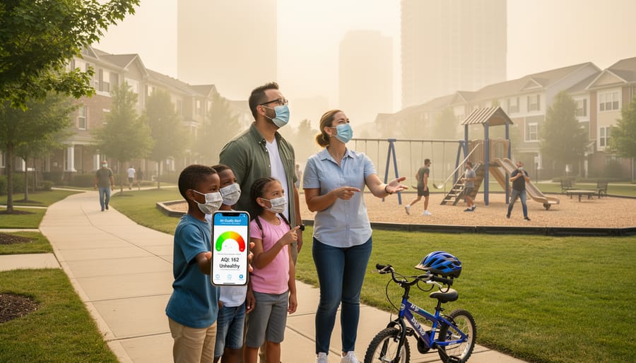 A person wearing a face mask looks out a window during hazy air conditions.