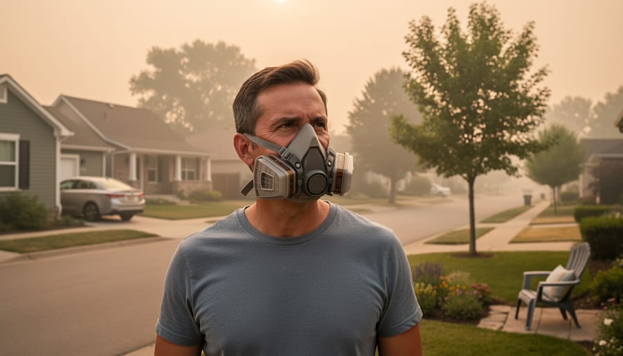 A reusable face mask on a porch railing with smoky light filtering through nearby trees.