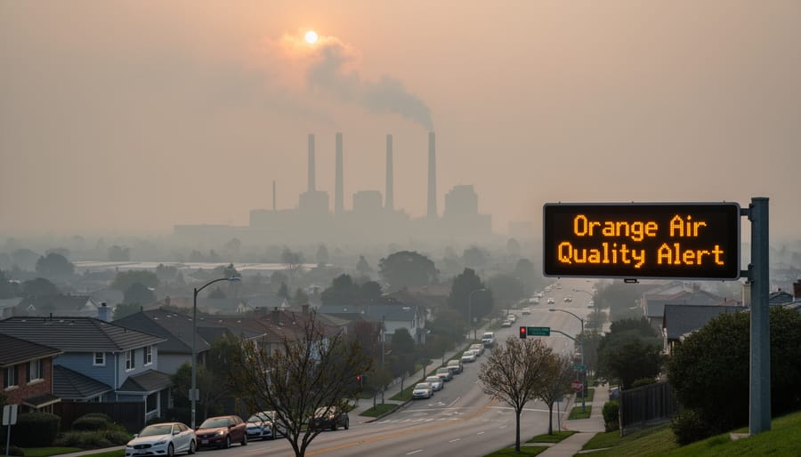 A smokestack releasing a hazy plume above distant city rooftops