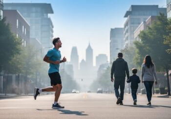 A person jogging and a family walking on a Canadian street as light wildfire smoke drifts through the air, creating a hazy atmosphere that suggests changing air quality.