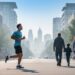 A person jogging and a family walking on a Canadian street as light wildfire smoke drifts through the air, creating a hazy atmosphere that suggests changing air quality.
