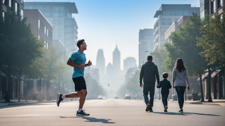 A person jogging and a family walking on a Canadian street as light wildfire smoke drifts through the air, creating a hazy atmosphere that suggests changing air quality.