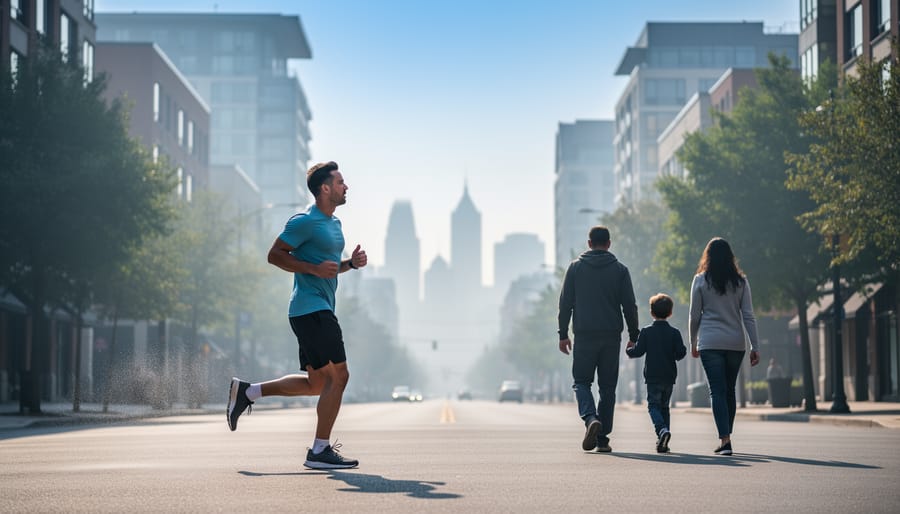 A person jogging and a family walking on a Canadian street as light wildfire smoke drifts through the air, creating a hazy atmosphere that suggests changing air quality.