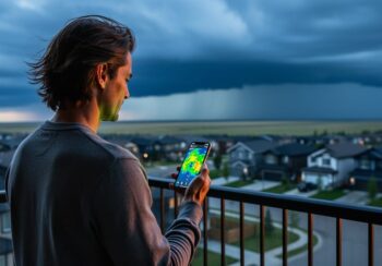 Person on an Airdrie balcony at dusk looking toward storm clouds with a smartphone casting subtle radar-like colors, suggesting real-time weather awareness.