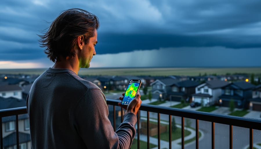 Person on an Airdrie balcony at dusk looking toward storm clouds with a smartphone casting subtle radar-like colors, suggesting real-time weather awareness.