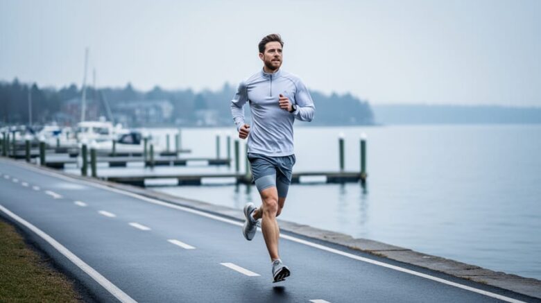A person jogging along a waterfront path in Barrie near Georgian Bay, illustrating everyday outdoor exercise in current air conditions.