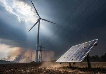 Wind turbine and solar panels in a renewable energy field during dark summer storm weather with rain and smoke in the distance.
