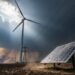 Wind turbine and solar panels in a renewable energy field during dark summer storm weather with rain and smoke in the distance.