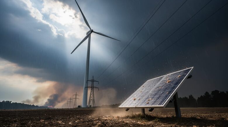 Wind turbine and solar panels in a renewable energy field during dark summer storm weather with rain and smoke in the distance.