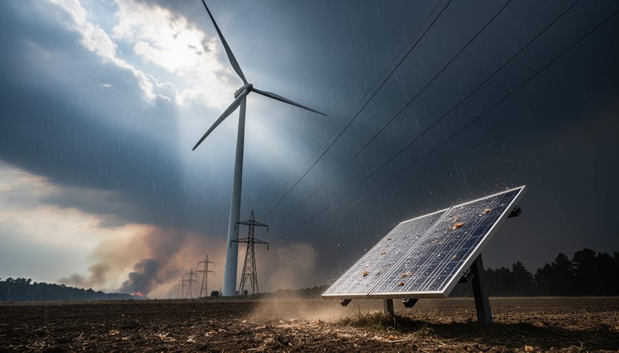 Wind turbine and solar panels in a renewable energy field during dark summer storm weather with rain and smoke in the distance.