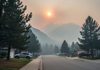 Hazy view of the Canmore Rocky Mountain valley with smoke-dimmed sunlight behind dark pine trees