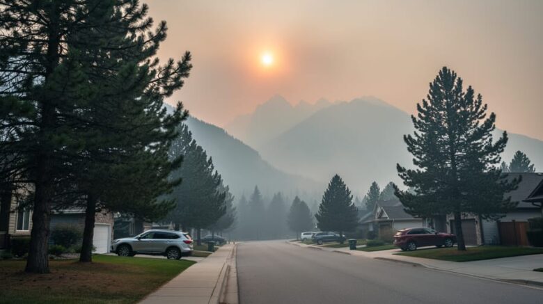 Hazy view of the Canmore Rocky Mountain valley with smoke-dimmed sunlight behind dark pine trees