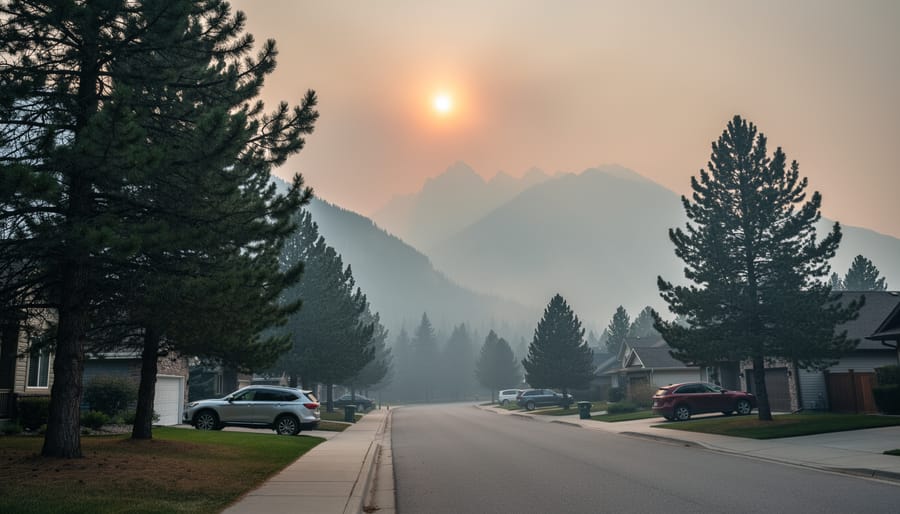 Hazy view of the Canmore Rocky Mountain valley with smoke-dimmed sunlight behind dark pine trees