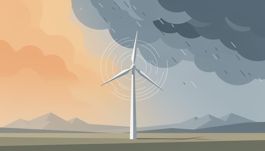 Close low-angle view of a wind turbine blade against stormy clouds in Canada