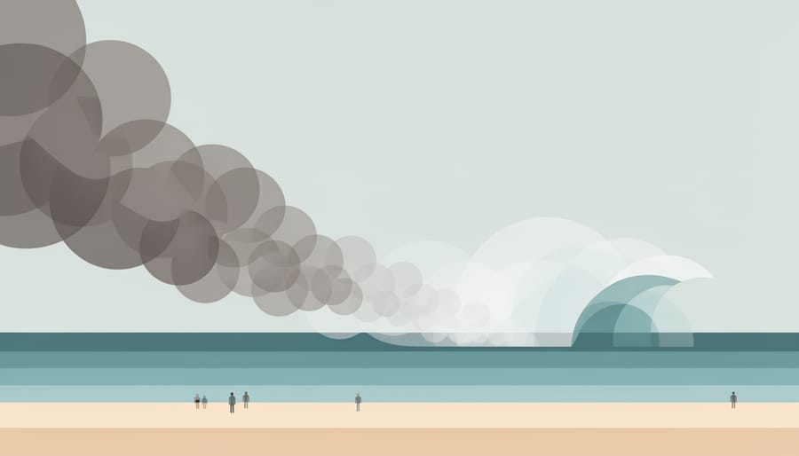 Close-up of sand grains in sea breeze with a hazy ocean horizon