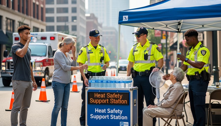 Emergency responders distributing water to people during extreme heat on a sunlit street
