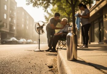People providing shade and cooling while staying hydrated on a very hot urban street during an extreme temperature warning.