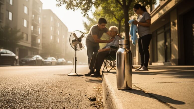 People providing shade and cooling while staying hydrated on a very hot urban street during an extreme temperature warning.