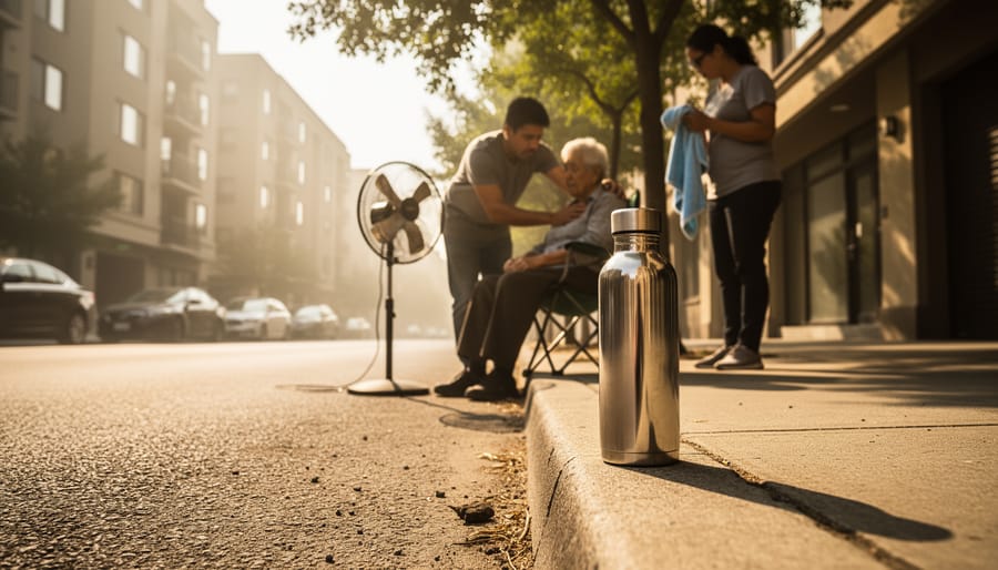 People providing shade and cooling while staying hydrated on a very hot urban street during an extreme temperature warning.