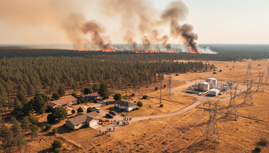 Firefighters observing an active wildfire with glowing flames and smoke in the background