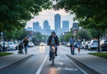 “Cyclist riding on a Hamilton bike lane at dusk with trees and pedestrians in an otherwise calm urban street scene.”