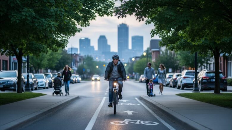 “Cyclist riding on a Hamilton bike lane at dusk with trees and pedestrians in an otherwise calm urban street scene.”