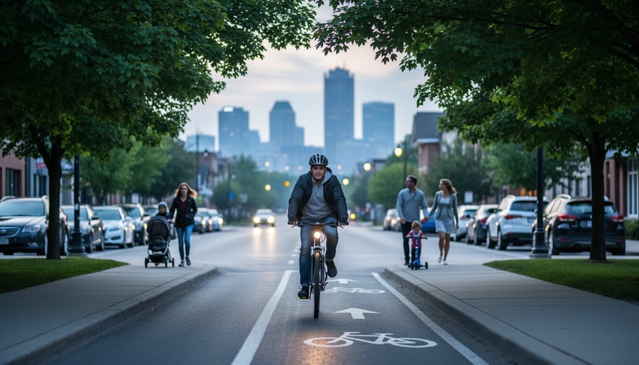 “Cyclist riding on a Hamilton bike lane at dusk with trees and pedestrians in an otherwise calm urban street scene.”