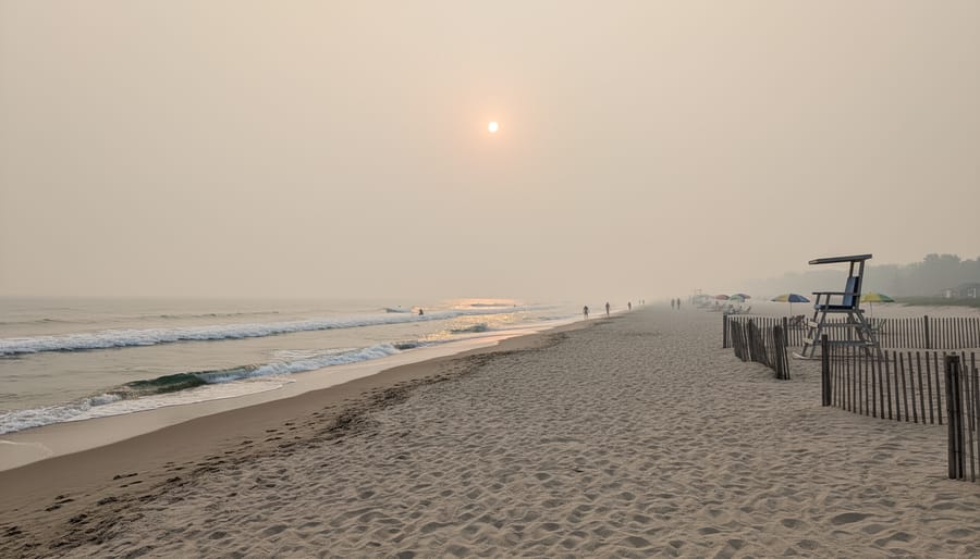 Hazy shoreline at Sauble Beach with muted light suggesting wildfire smoke in the air