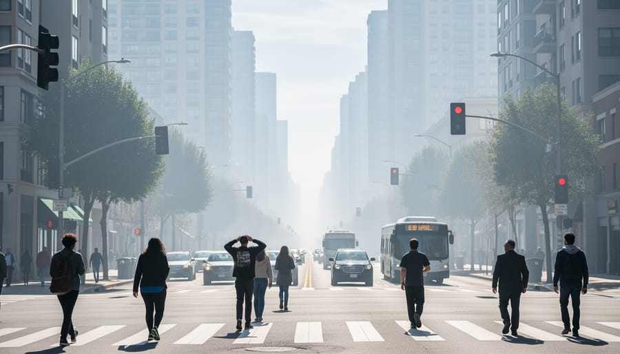 People walking along a city street with buildings softened by outdoor air haze.