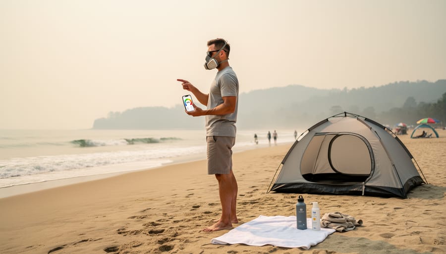 Person wearing a protective respirator walking on Sauble Beach during smoky air conditions