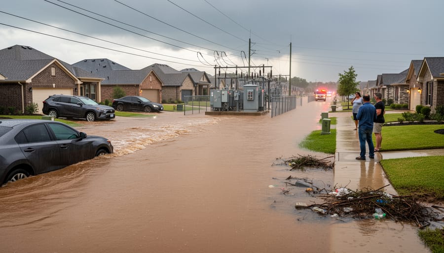 Rain-soaked street with floodwater and debris after a flash flooding event in Ontario