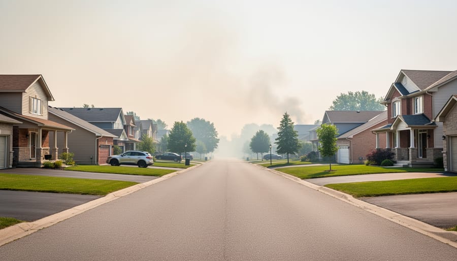 Smoke haze drifting through the air above a neighborhood, with distant trees and rooftops blurred by atmospheric pollution.