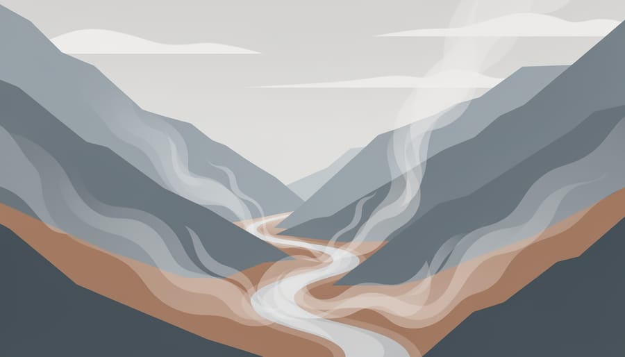 Wildfire smoke drifting and pooling in a mountain valley at dusk between ridges.