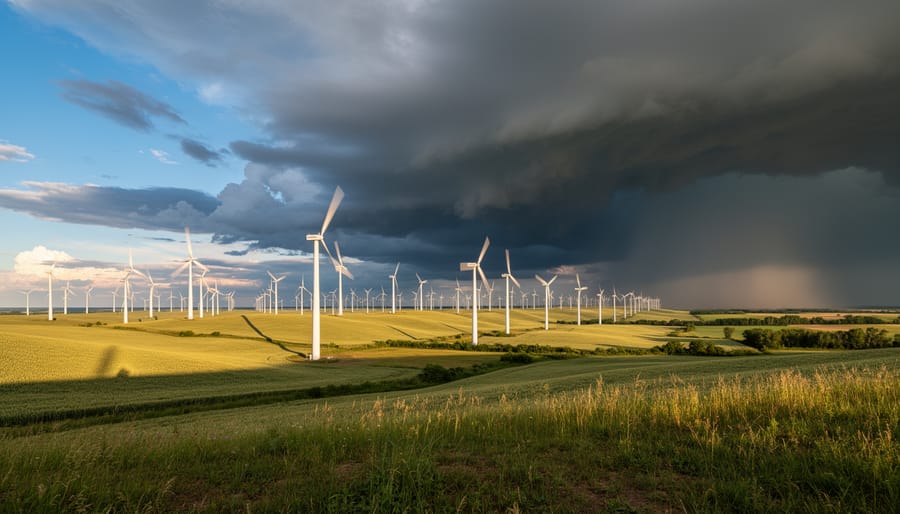 Wind turbines silhouetted against a dramatic summer thunderstorm cloud base with lightning