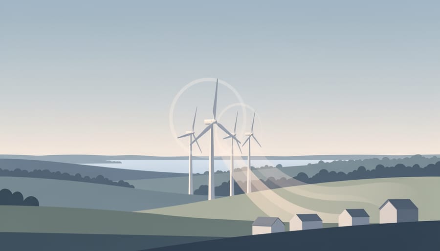 Wind turbines standing in an Ontario landscape during dusk, representing clean energy and cleaner air.