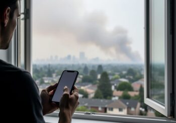 Person holding a smartphone near an open window as wildfire smoke fills the neighborhood air.