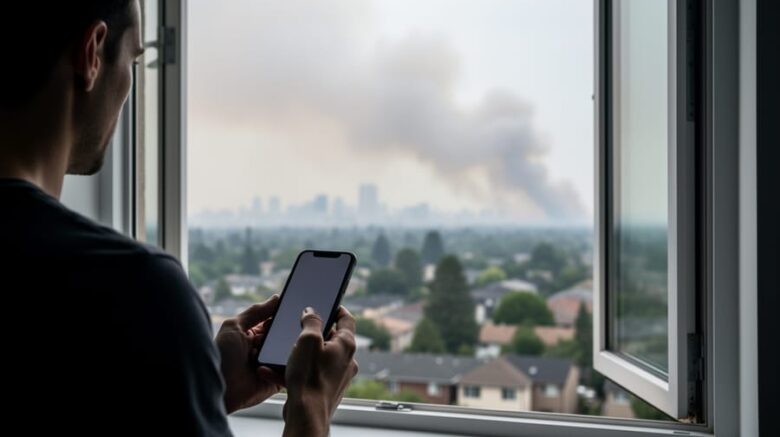 Person holding a smartphone near an open window as wildfire smoke fills the neighborhood air.