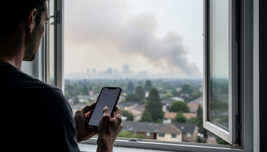 Person holding a smartphone near an open window as wildfire smoke fills the neighborhood air.