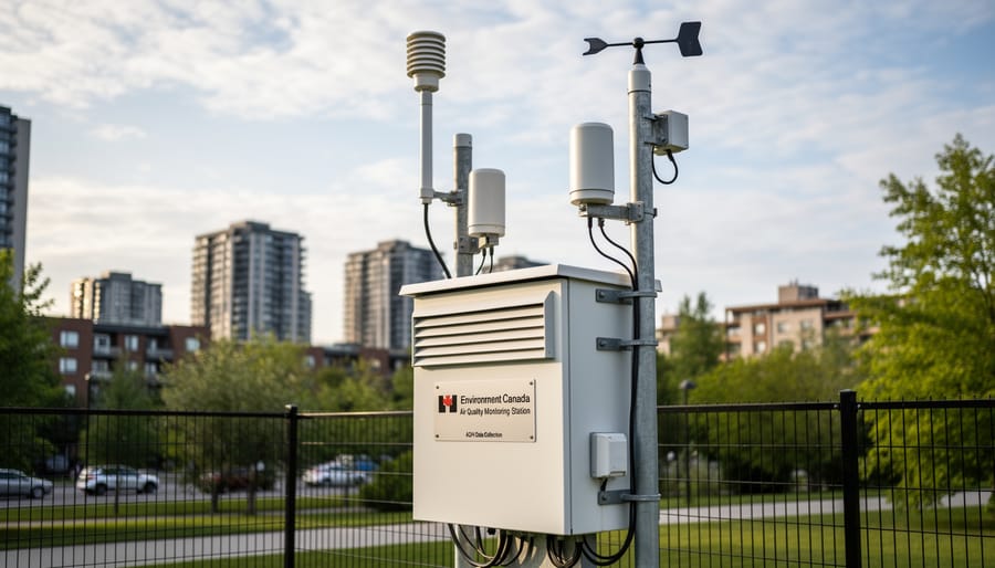 Air quality monitoring station outdoors with visible sensors and intake equipment
