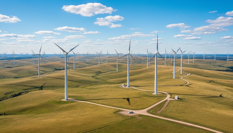 Wind turbines generating power across a Canadian rural landscape under an overcast sky